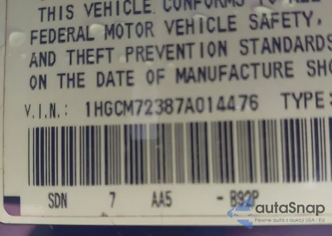 2007 Honda Accord 2.4 Lx from USA, damaged, VIN 1HGCM72387A014476